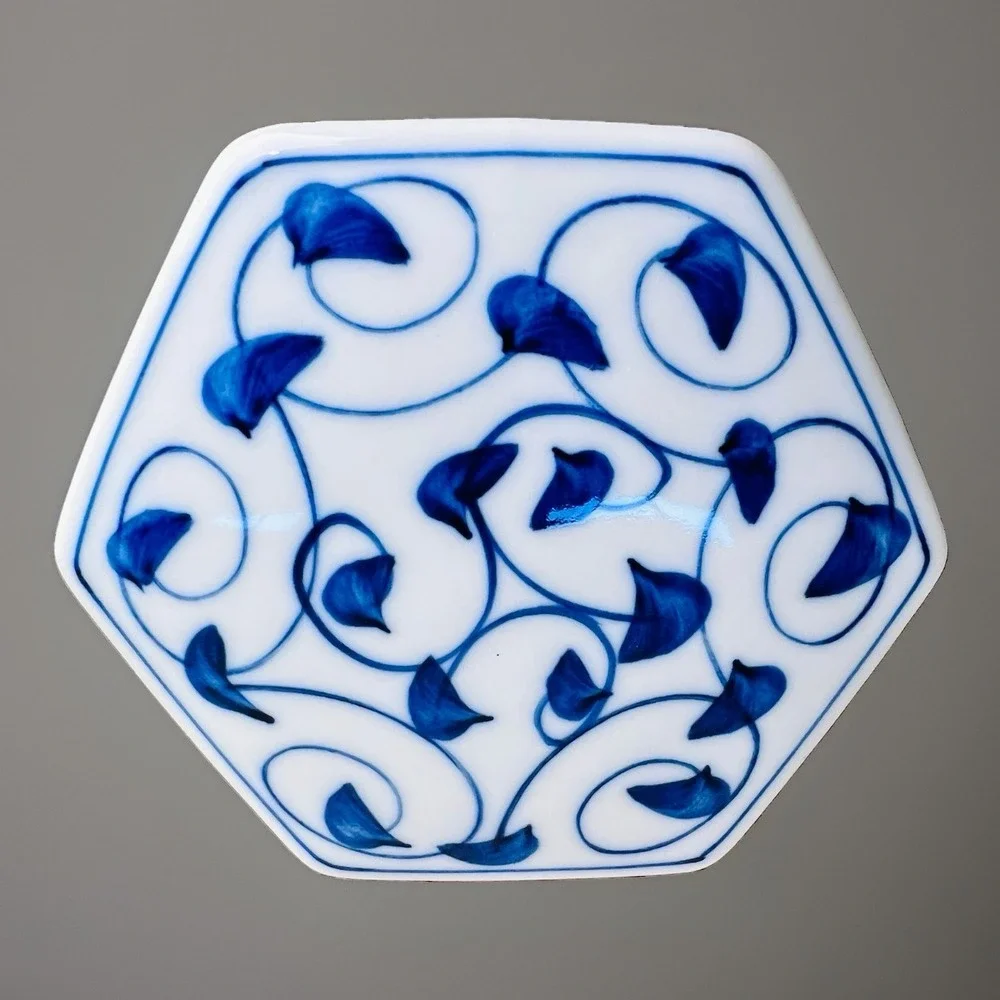 Vintage Tiffany & Co Porcelain Hexagon Lidded Trinket Jewelry Box Blue White 5